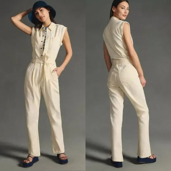 Anthropologie Rag & Bone Anna Jumpsuit Large White Denim Utility Coveralls Boho - Picture 1 of 16